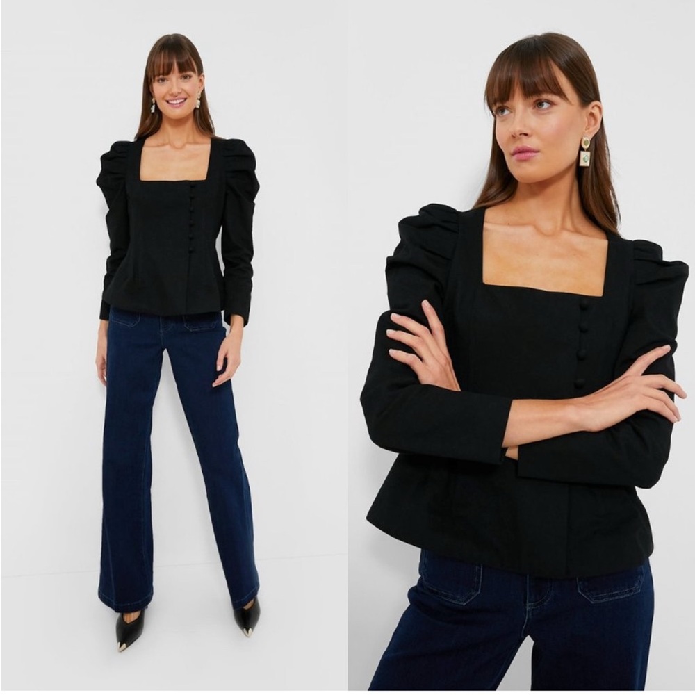 Tuckernuck NEW Black Calla Structured Puff Sleeve Button Blouse Size XS